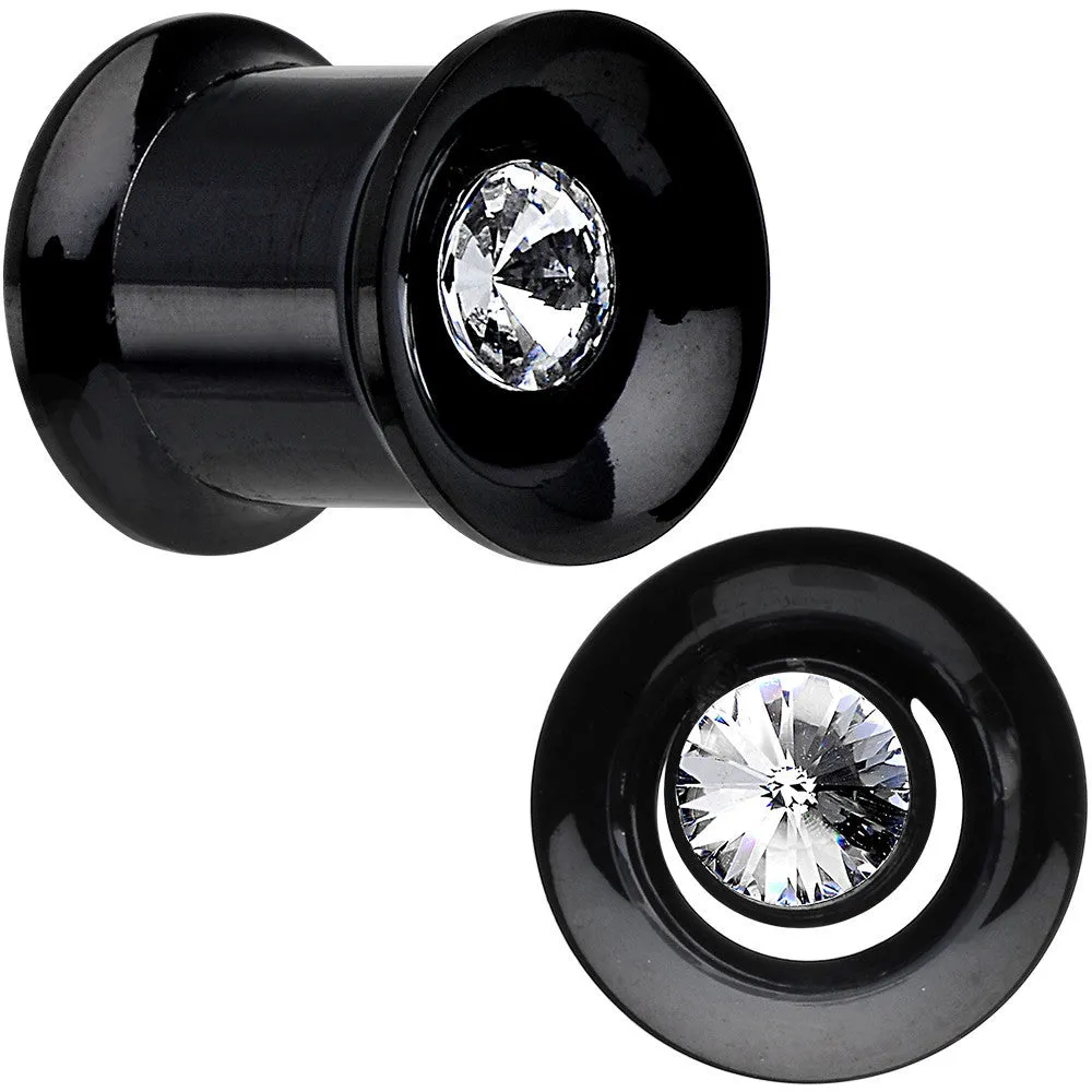 0 Gauge Clear CZ Gem Black IP Screw Fit Tunnel Plug Set