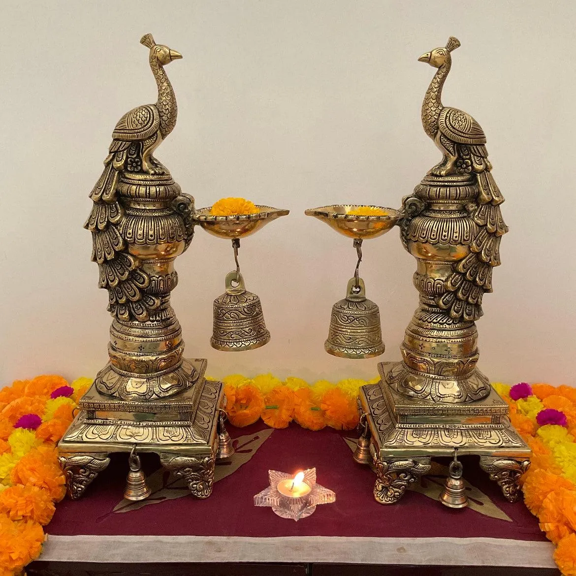 20 Inches Sitting Peacock Diya & Bell (Set of 2) - Handmade Brass lamp - Decorative Decor