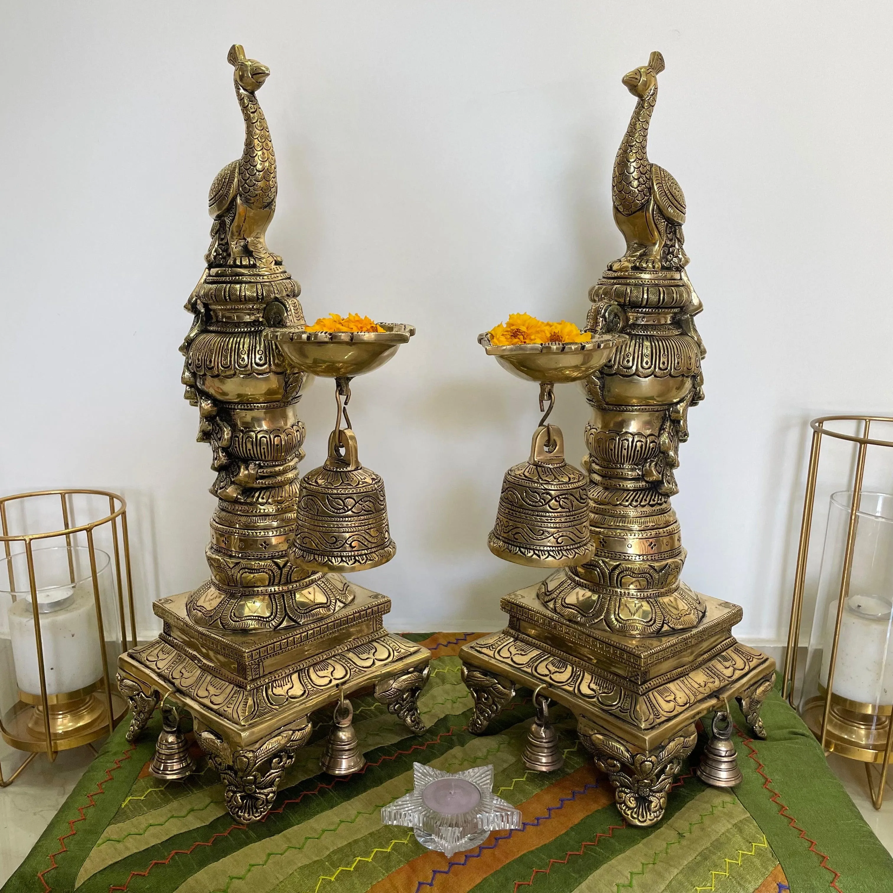 20 Inches Sitting Peacock Diya & Bell (Set of 2) - Handmade Brass lamp - Decorative Decor