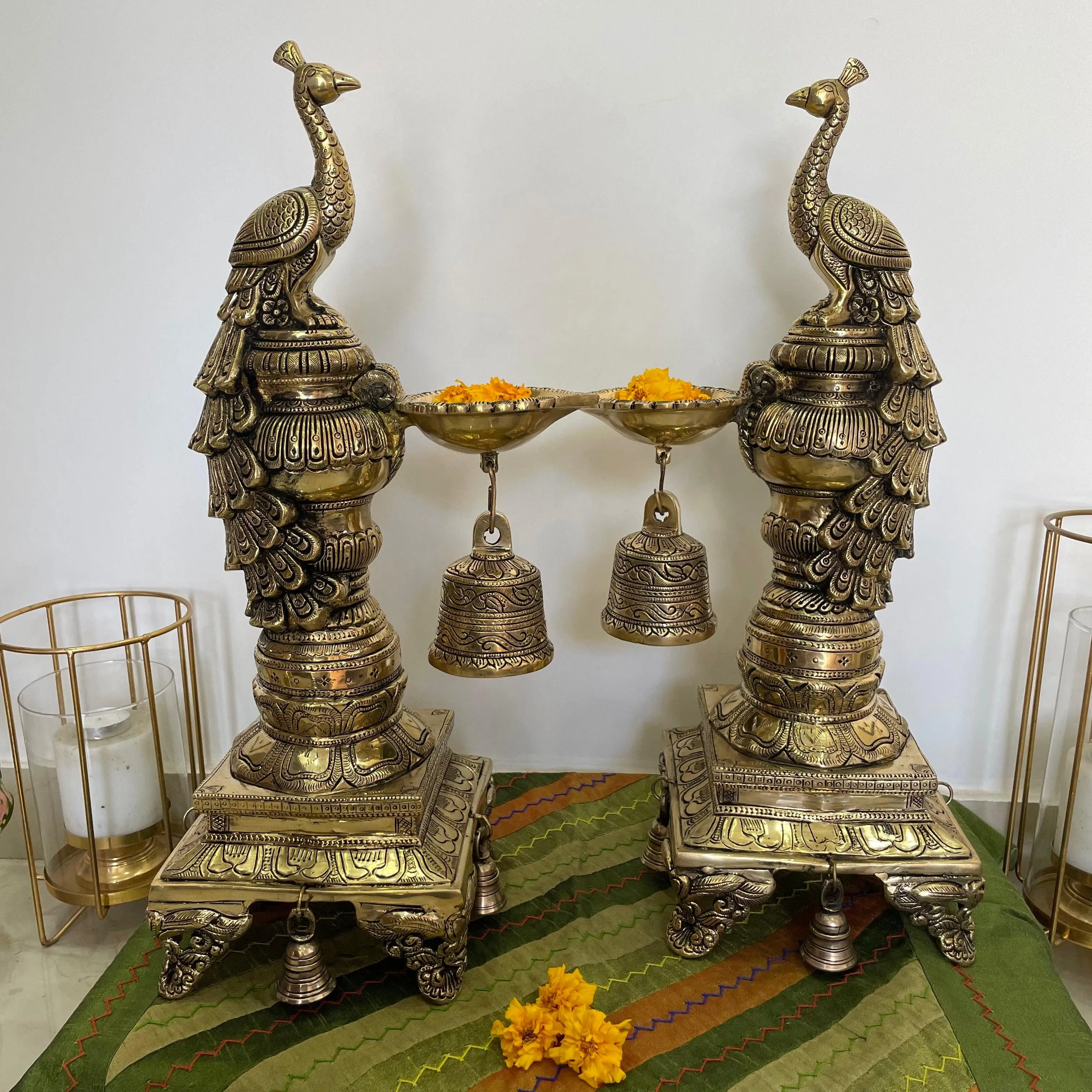 20 Inches Sitting Peacock Diya & Bell (Set of 2) - Handmade Brass lamp - Decorative Decor