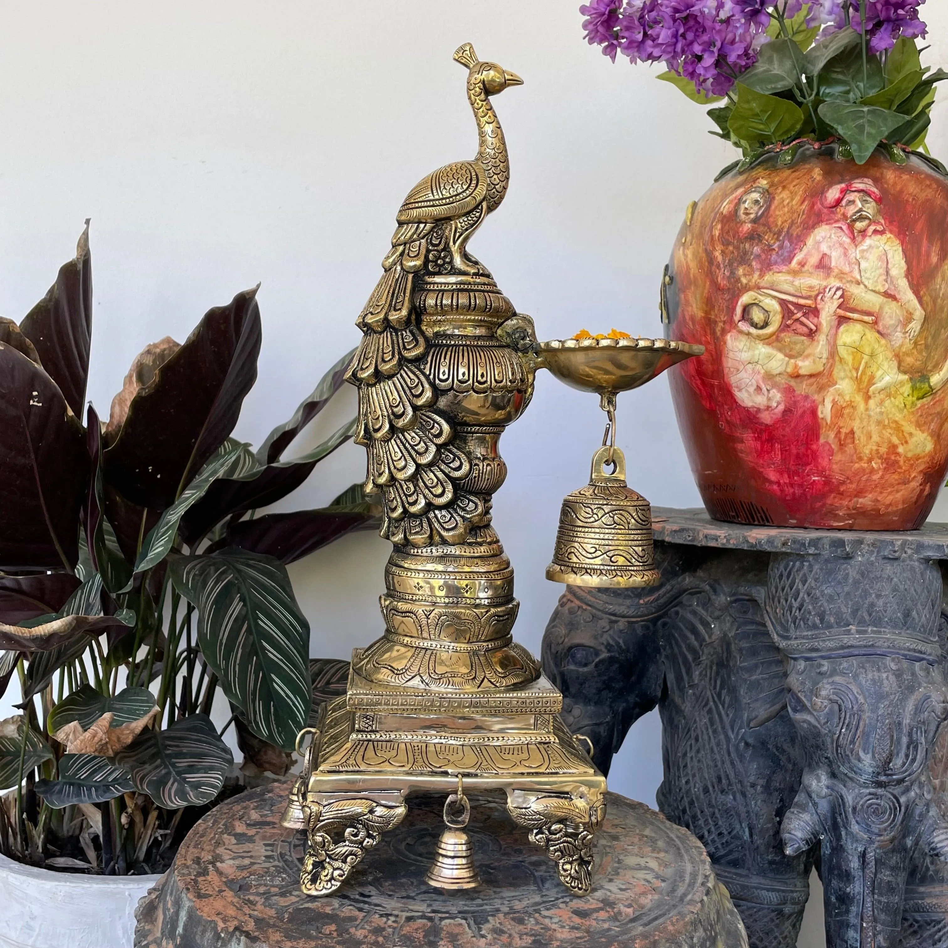 20 Inches Sitting Peacock Diya & Bell (Set of 2) - Handmade Brass lamp - Decorative Decor