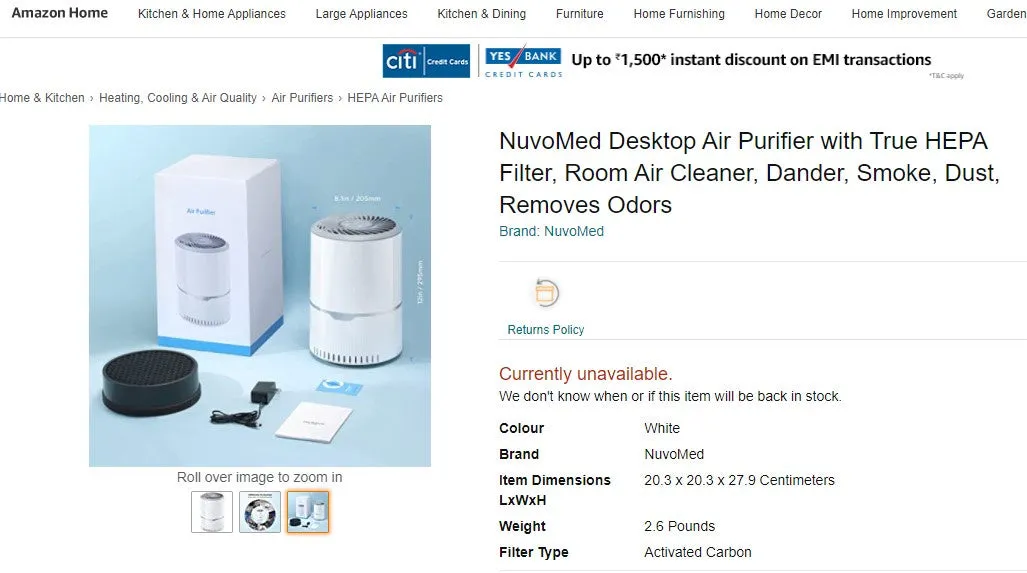 21622027 NUVOMED DESKTOP AIR PURIFIER