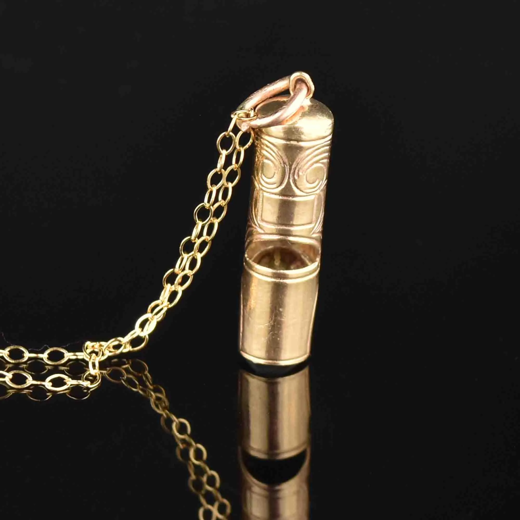 Antique Gold Engraved Working Whistle Pendant Necklace