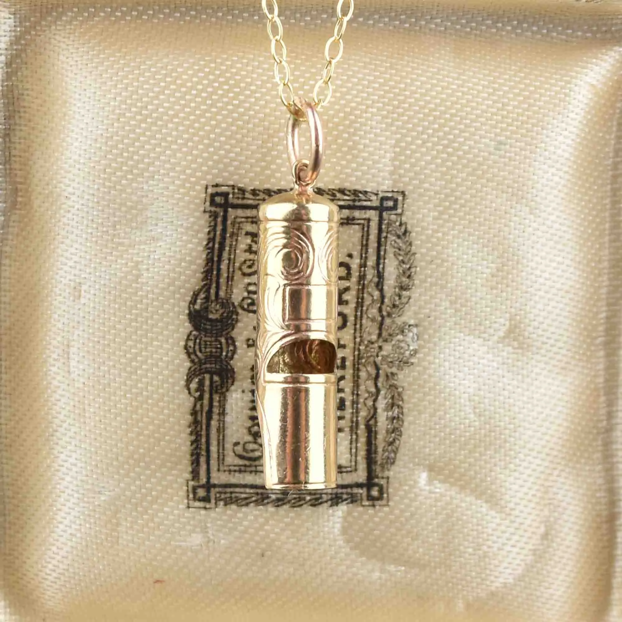 Antique Gold Engraved Working Whistle Pendant Necklace