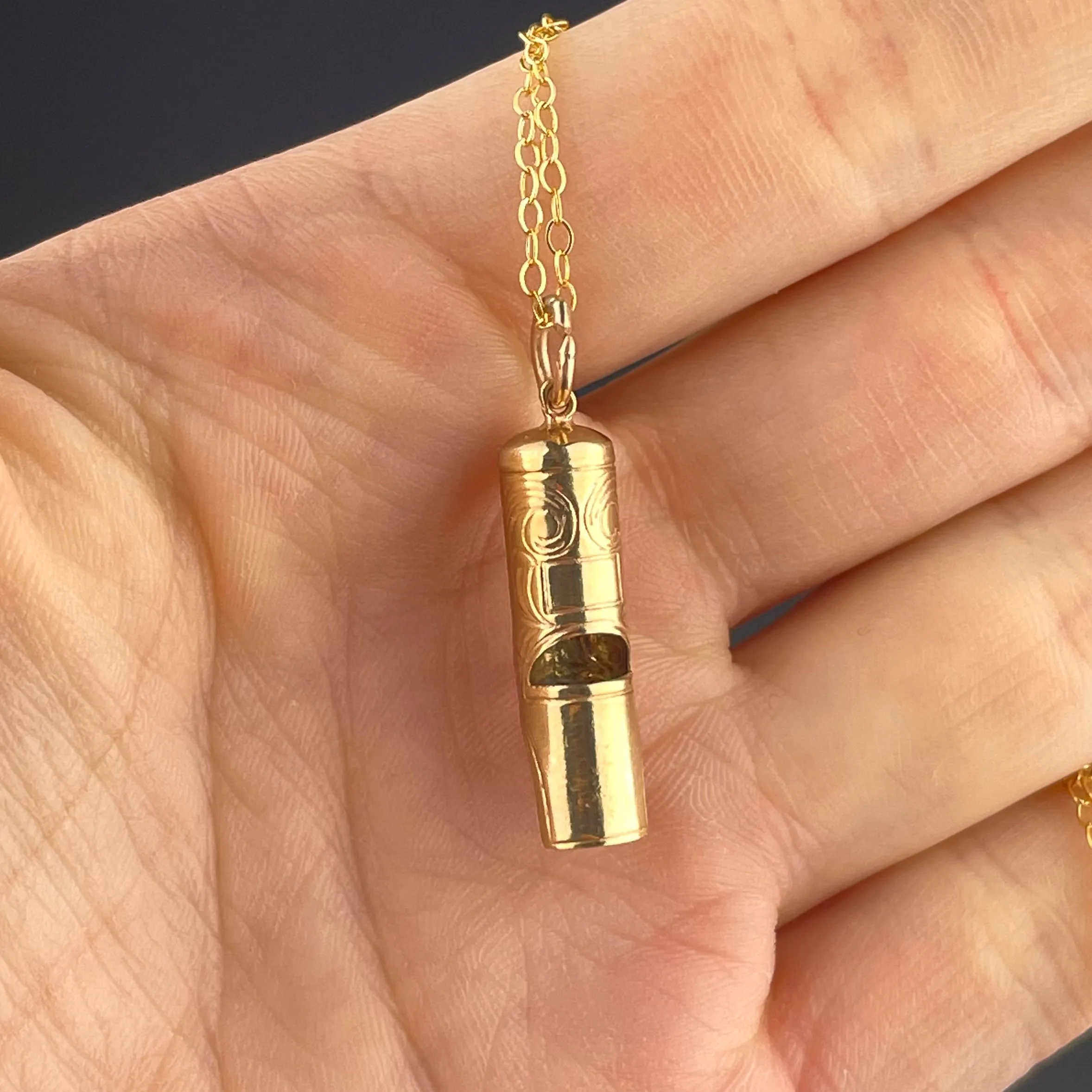 Antique Gold Engraved Working Whistle Pendant Necklace