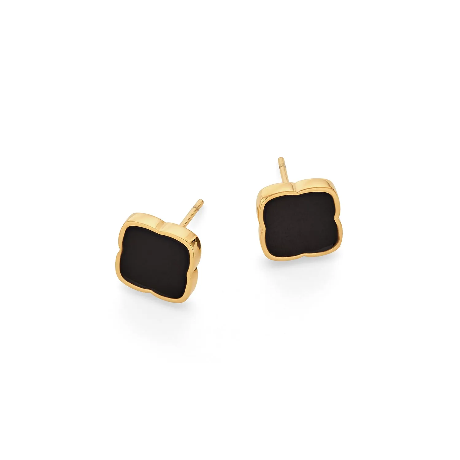 Black Enamel Clover Stud Earrings (Gold)