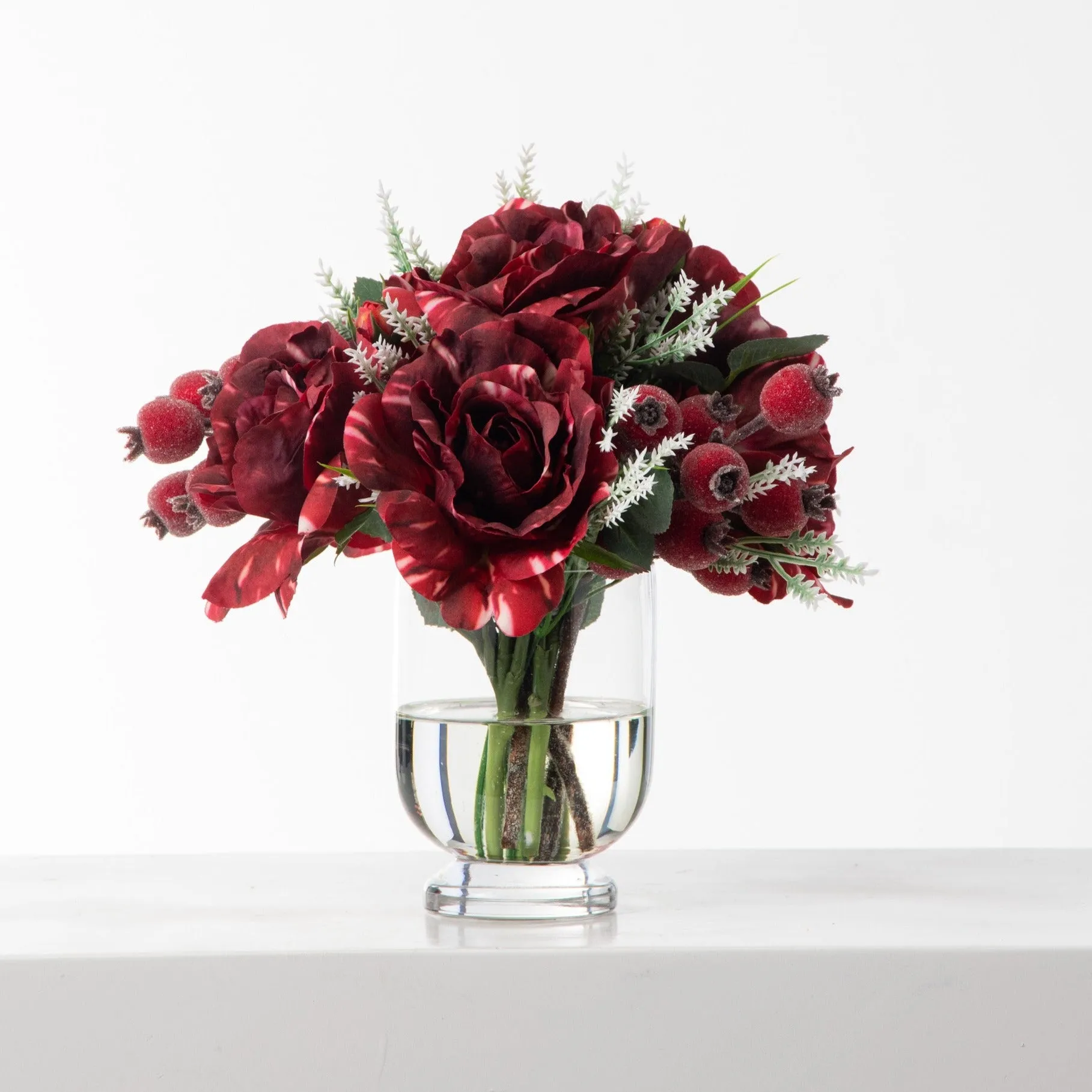 Candy Cane Rose & Iced Rosehip Berry Christmas Holiday Water Illusion Arrangement in Rounded Glass Urn Vase