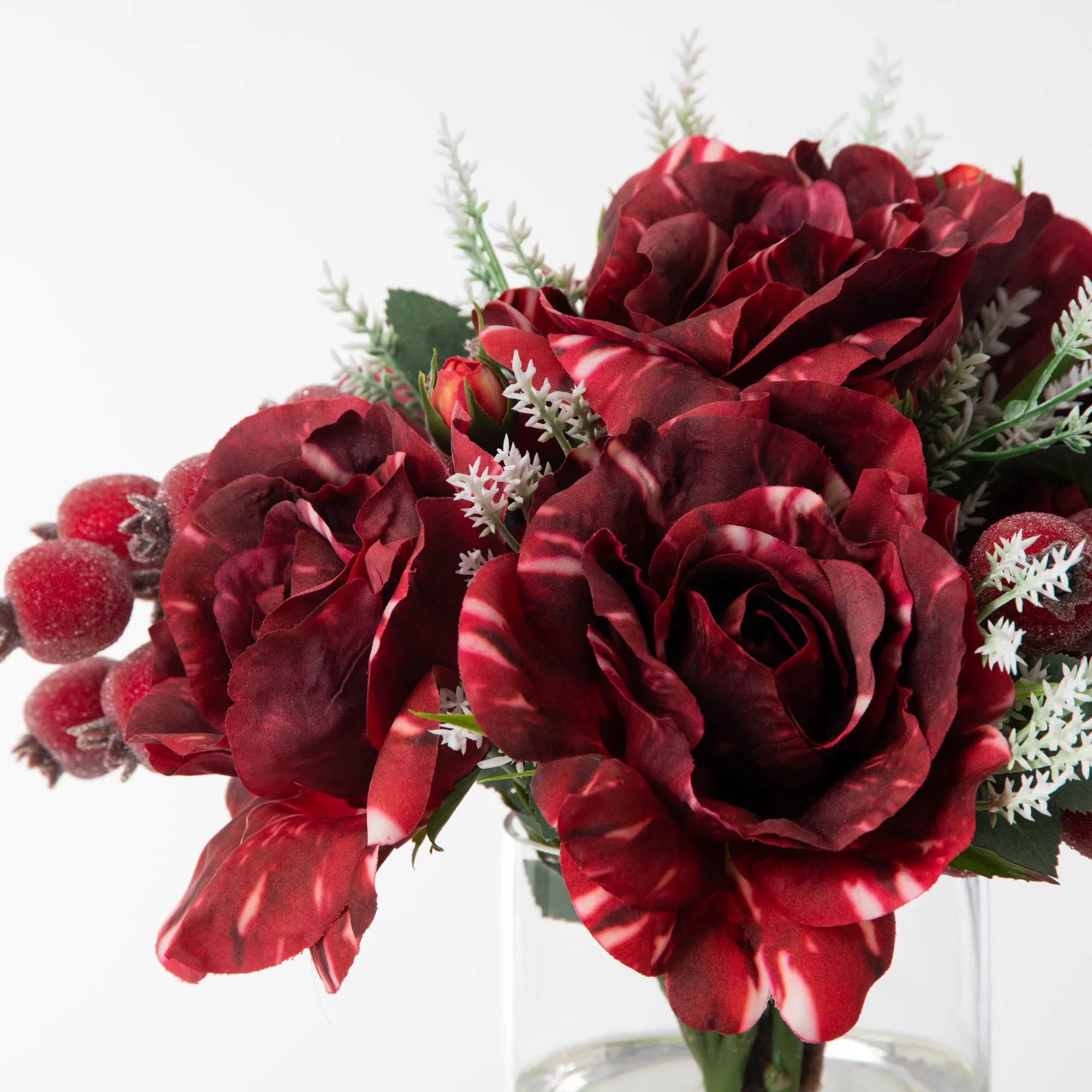 Candy Cane Rose & Iced Rosehip Berry Christmas Holiday Water Illusion Arrangement in Rounded Glass Urn Vase