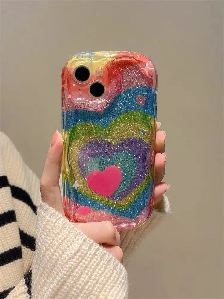 Cute Rainbow Colorful Heart Tunnel Shimmer Glitter Sparkle Design Protective Shockproof iPhone Case for iPhone 11 12 13 14 15 Pro Max