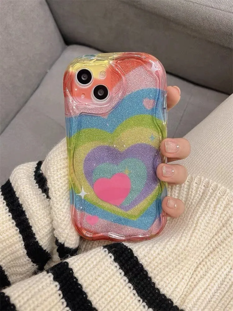 Cute Rainbow Colorful Heart Tunnel Shimmer Glitter Sparkle Design Protective Shockproof iPhone Case for iPhone 11 12 13 14 15 Pro Max