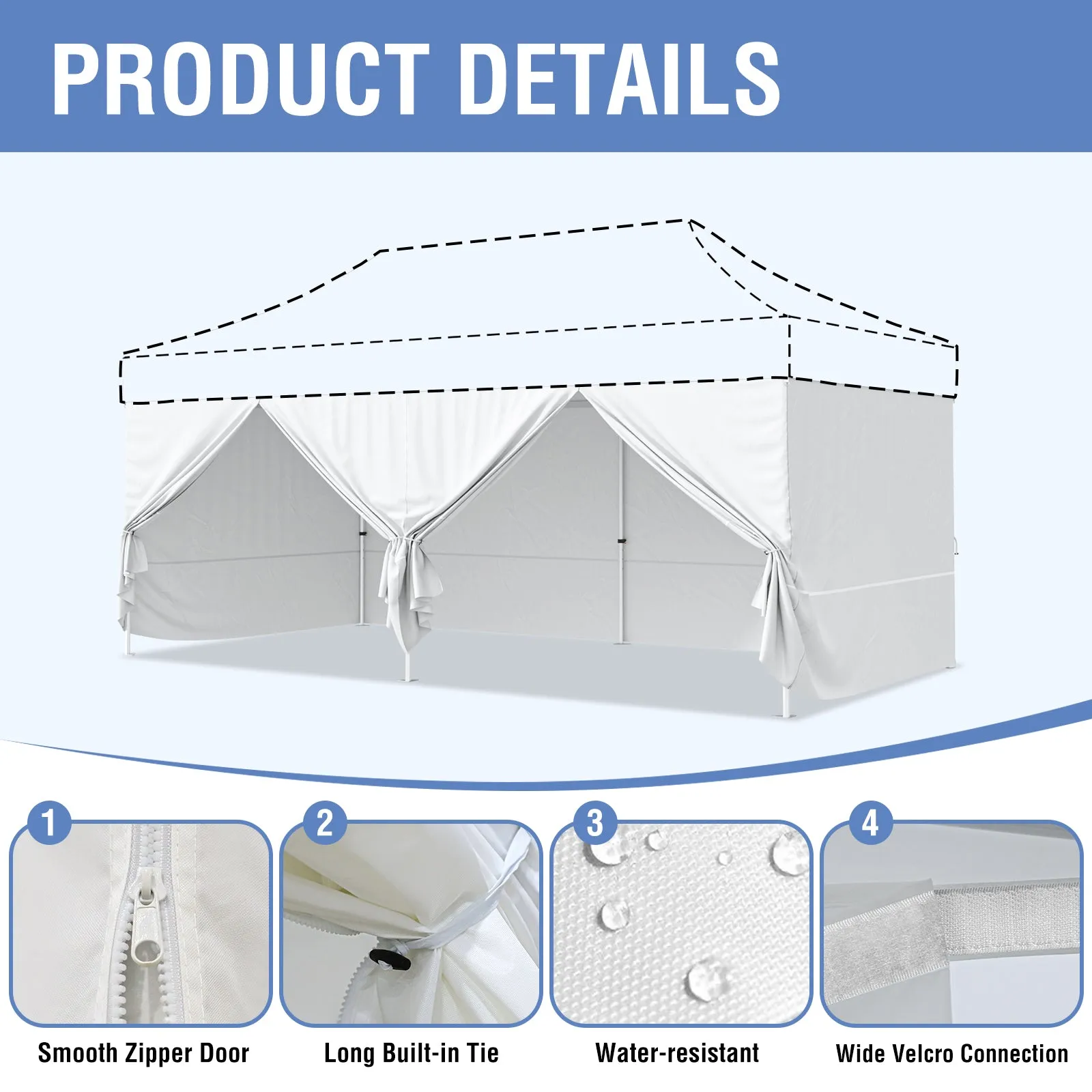 EAGLE PEAK 4-Piece Sunwall/Sidewalls for 10x20 ft Aluminum Custom Canopy Only,  Includes 3 Sidewalls and 1 Entry Wall, Pack of 4, White