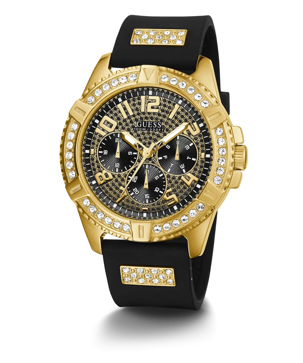 GUESS Mens Black Gold Tone Multi-function Watch