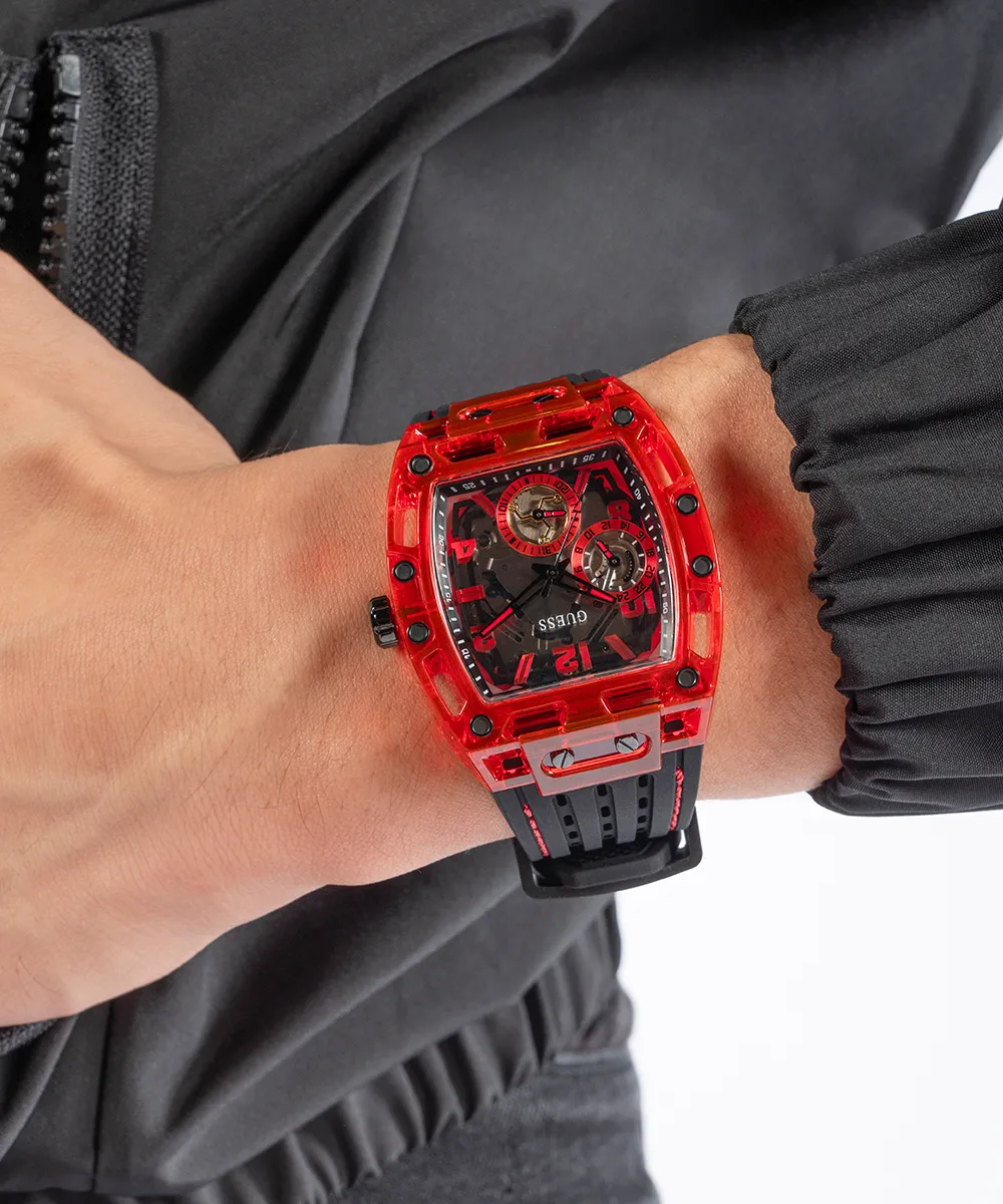 GUESS Mens Black Red Multi-function Watch