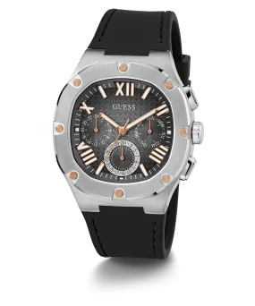 GUESS Mens Black Silver Tone Multi-function Watch