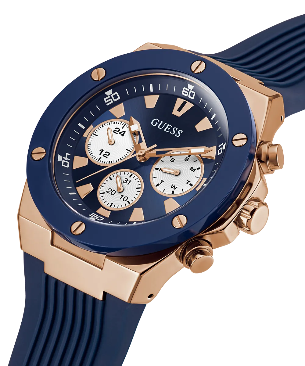 GUESS Mens Blue Rose Gold Tone Multi-function Watch