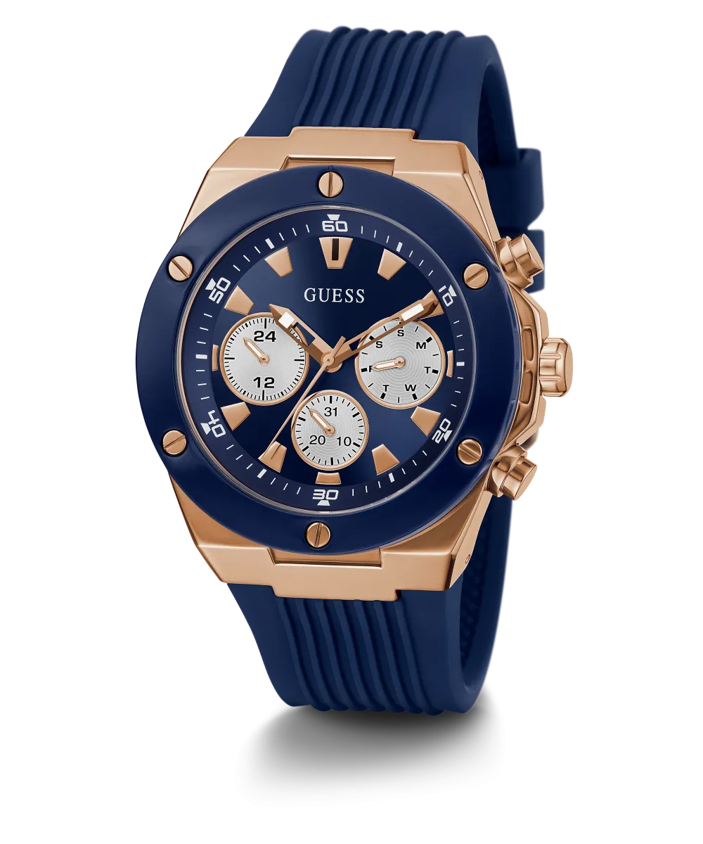 GUESS Mens Blue Rose Gold Tone Multi-function Watch