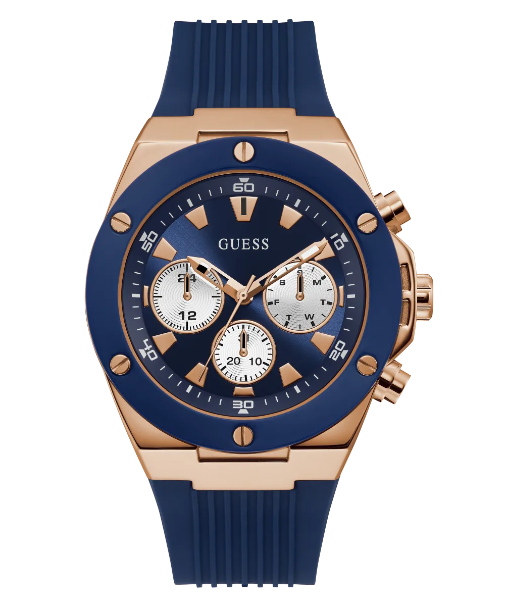 GUESS Mens Blue Rose Gold Tone Multi-function Watch