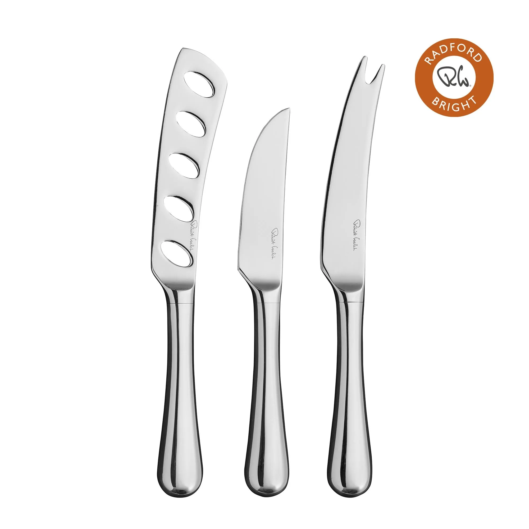 Radford Bright Cheese Knife Set with Oak Pebble Chopping Board 32cm, 3 Piece Set