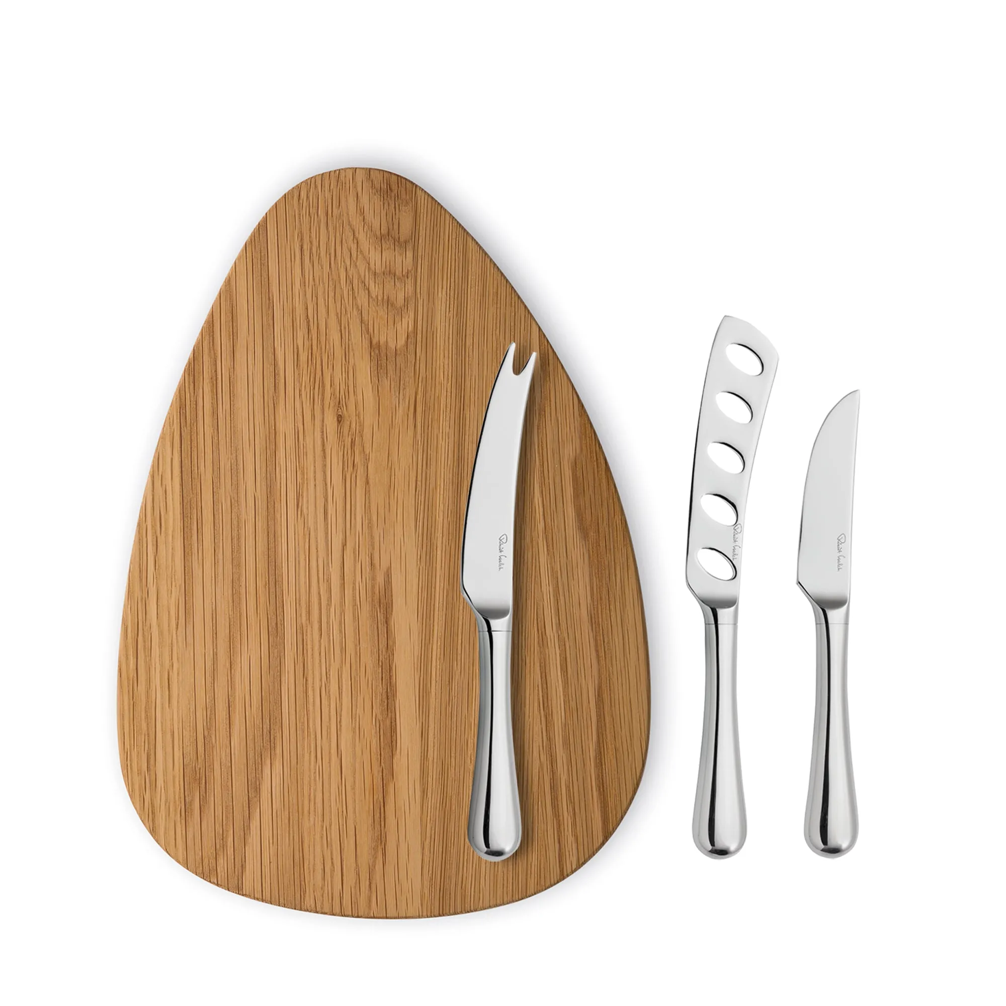 Radford Bright Cheese Knife Set with Oak Pebble Chopping Board 32cm, 3 Piece Set