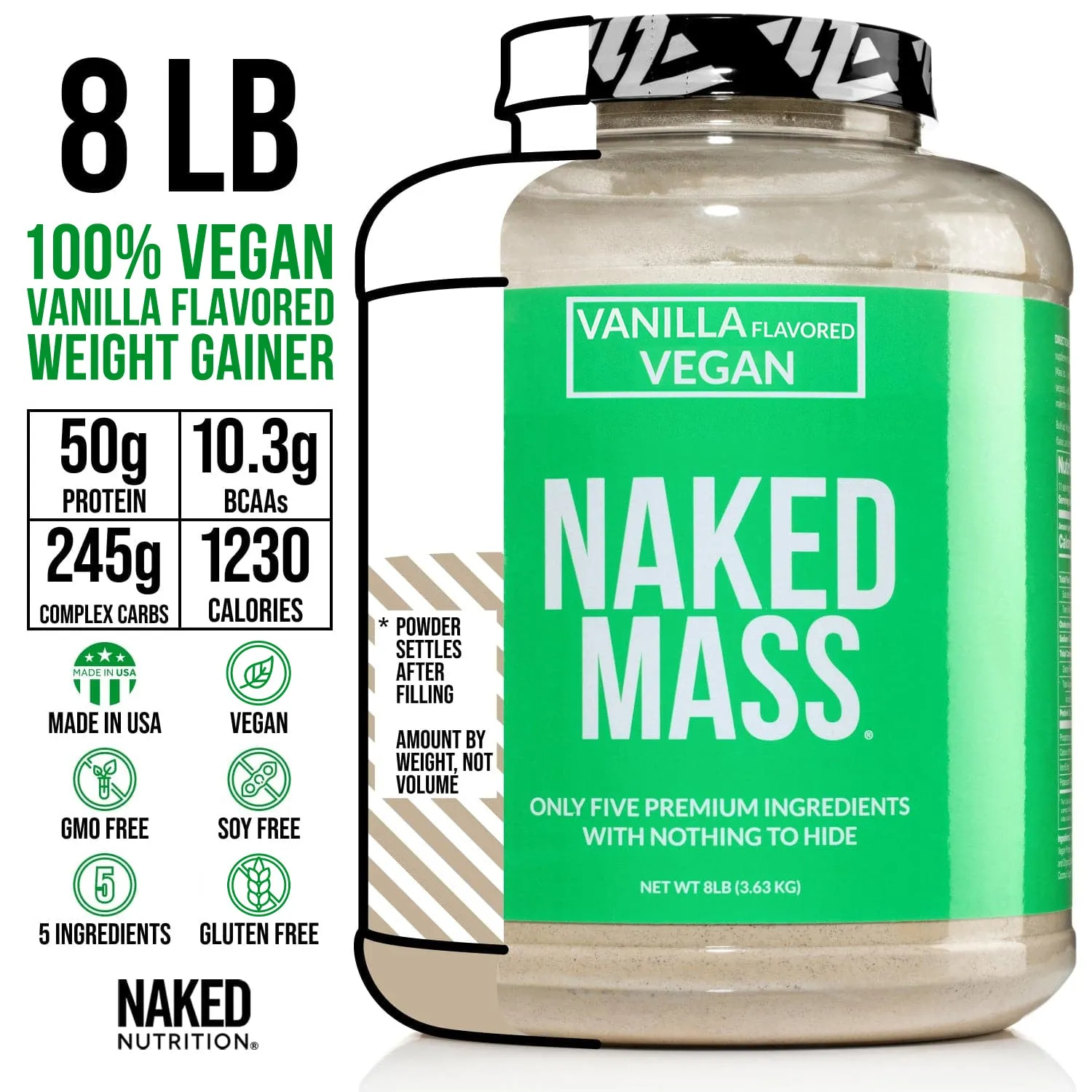 Vanilla Vegan Weight Gainer Supplement | Naked Vegan Mass - 8LB