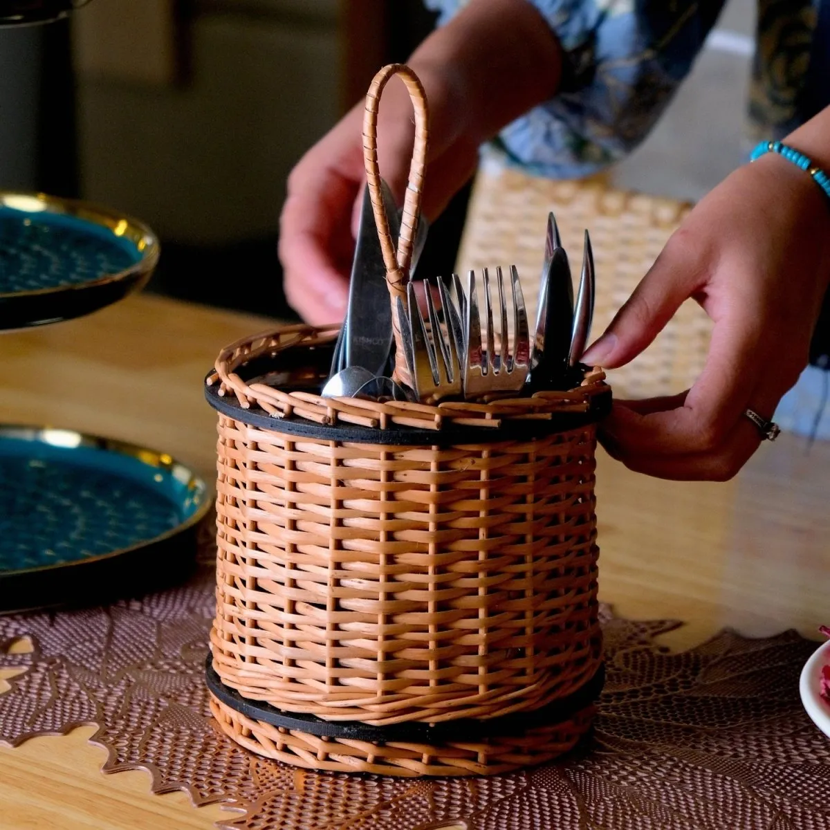 Wooden Cutlery Holder Handcrafted From Willow Wicker & Wood | Handmade In India