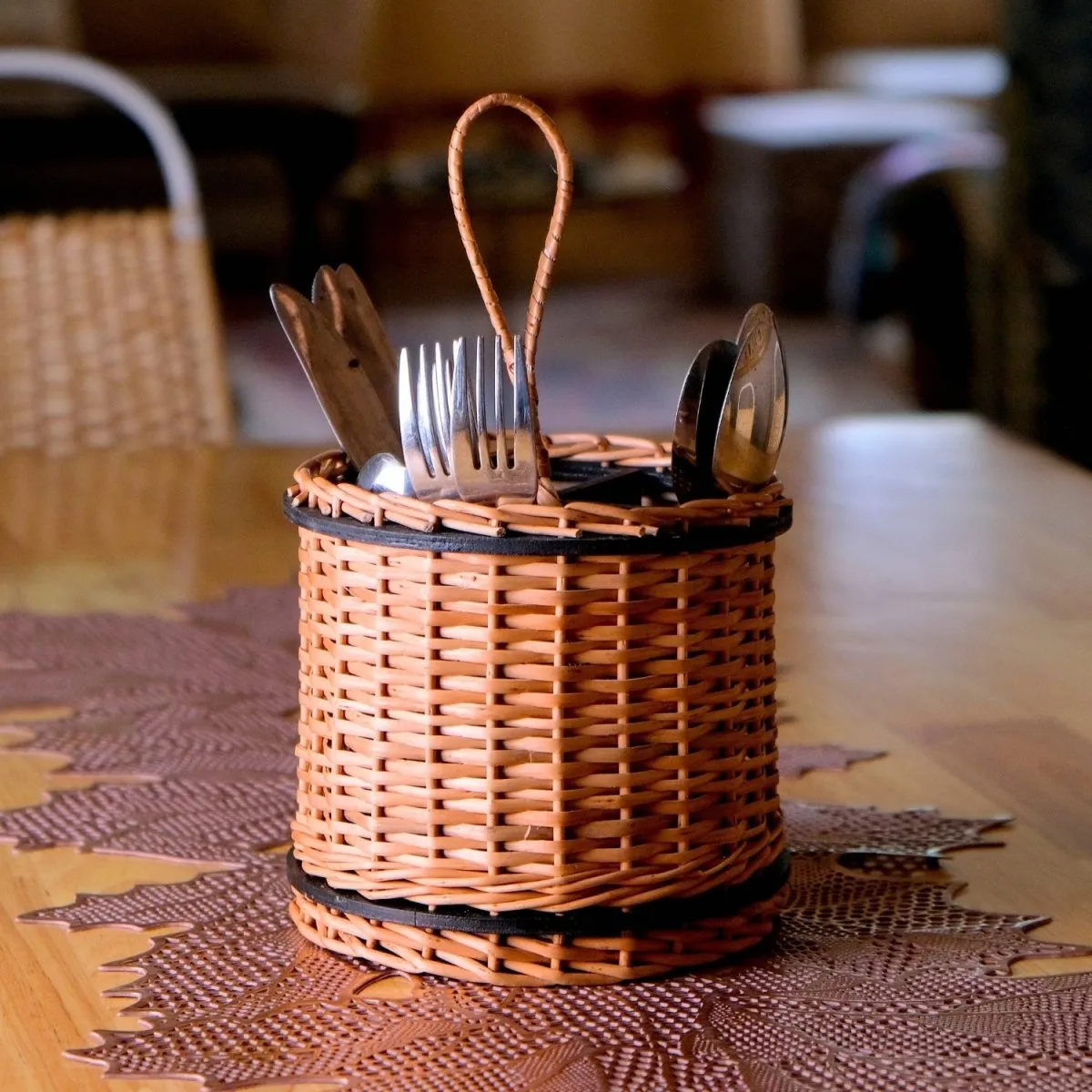 Wooden Cutlery Holder Handcrafted From Willow Wicker & Wood | Handmade In India