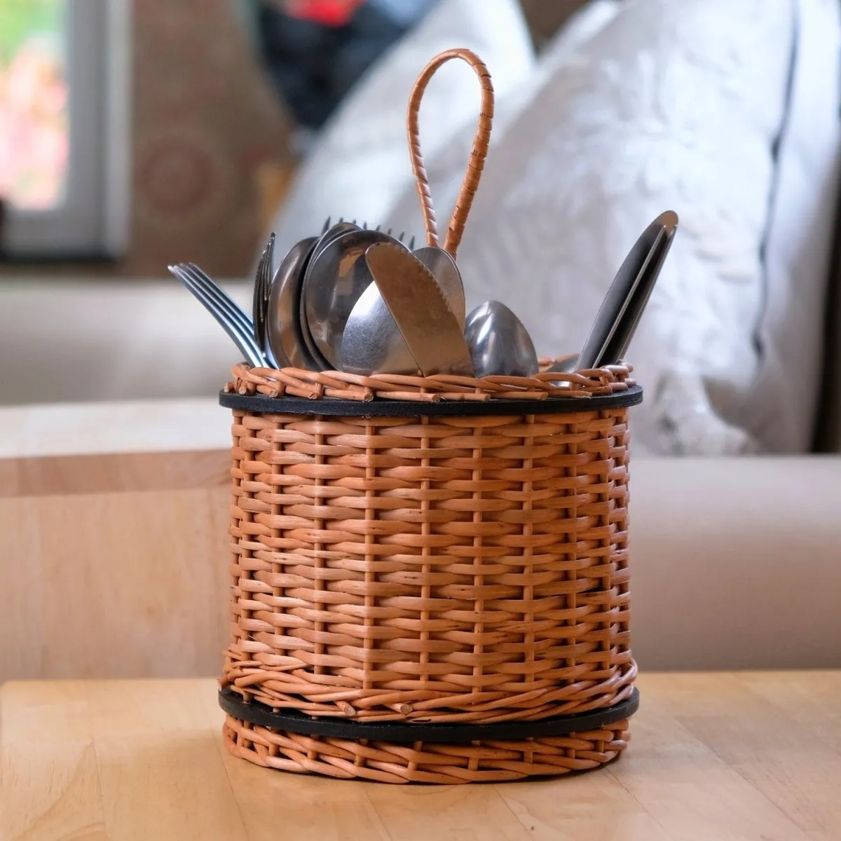 Wooden Cutlery Holder Handcrafted From Willow Wicker & Wood | Handmade In India