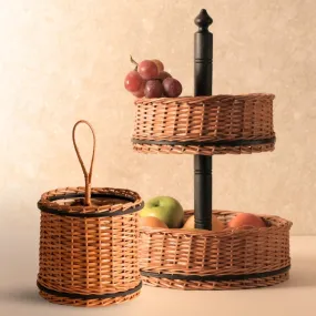 Wooden Fruit Basket With 2 Tiers Handcrafted & Cultery Holder In Willow Wicker & Wood | Handmade In India