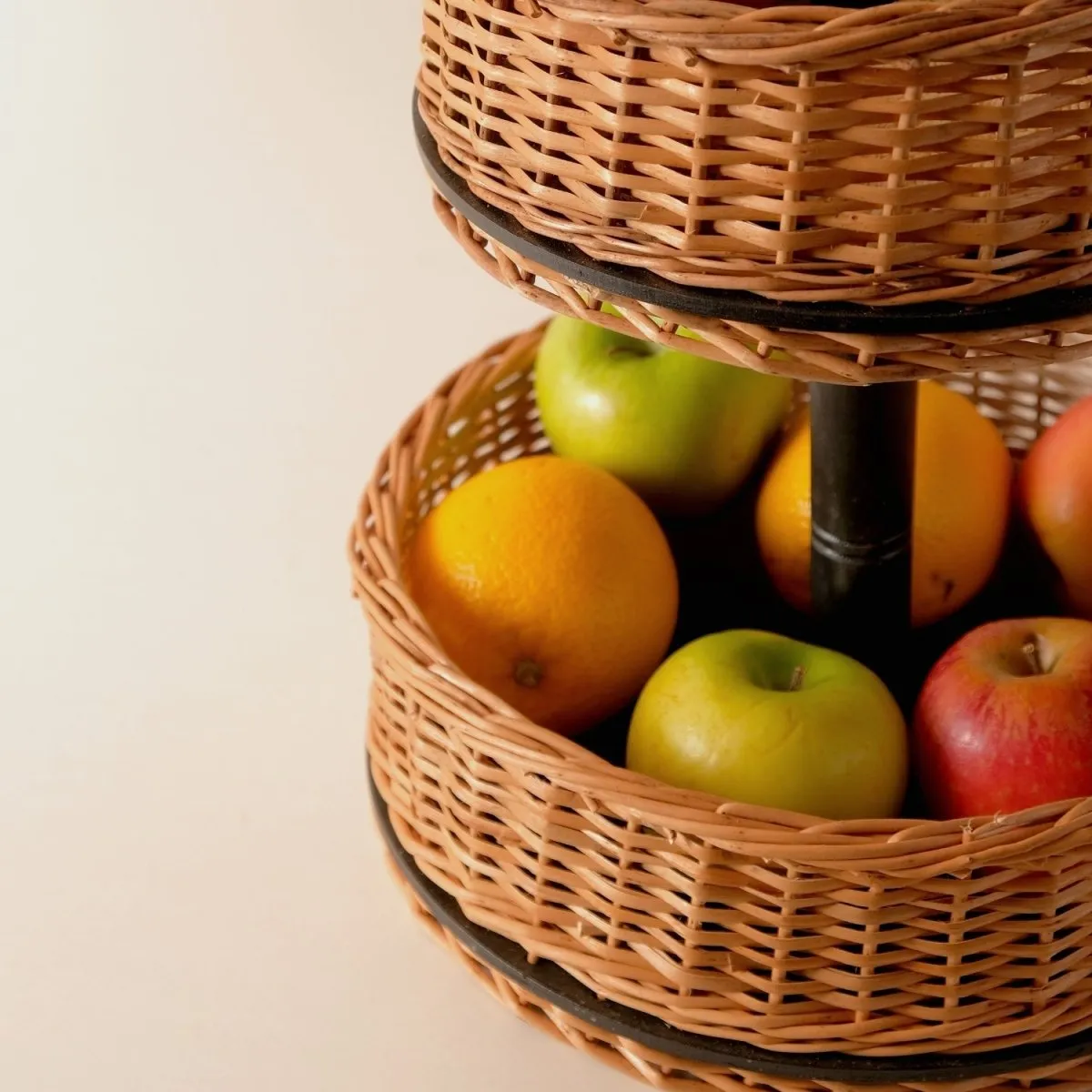 Wooden Fruit Basket With 2 Tiers Handcrafted & Cultery Holder In Willow Wicker & Wood | Handmade In India