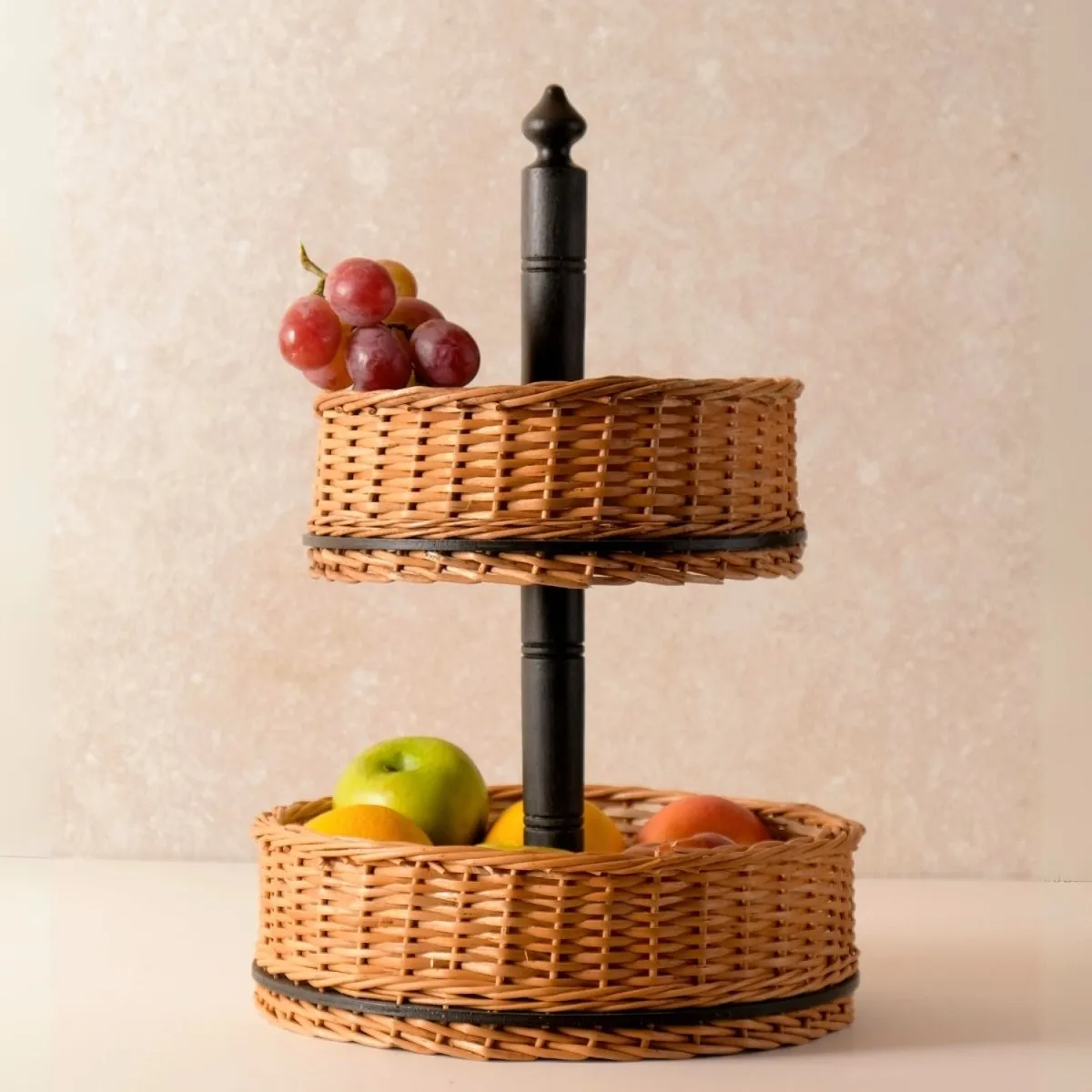 Wooden Fruit Basket With 2 Tiers Handcrafted & Cultery Holder In Willow Wicker & Wood | Handmade In India