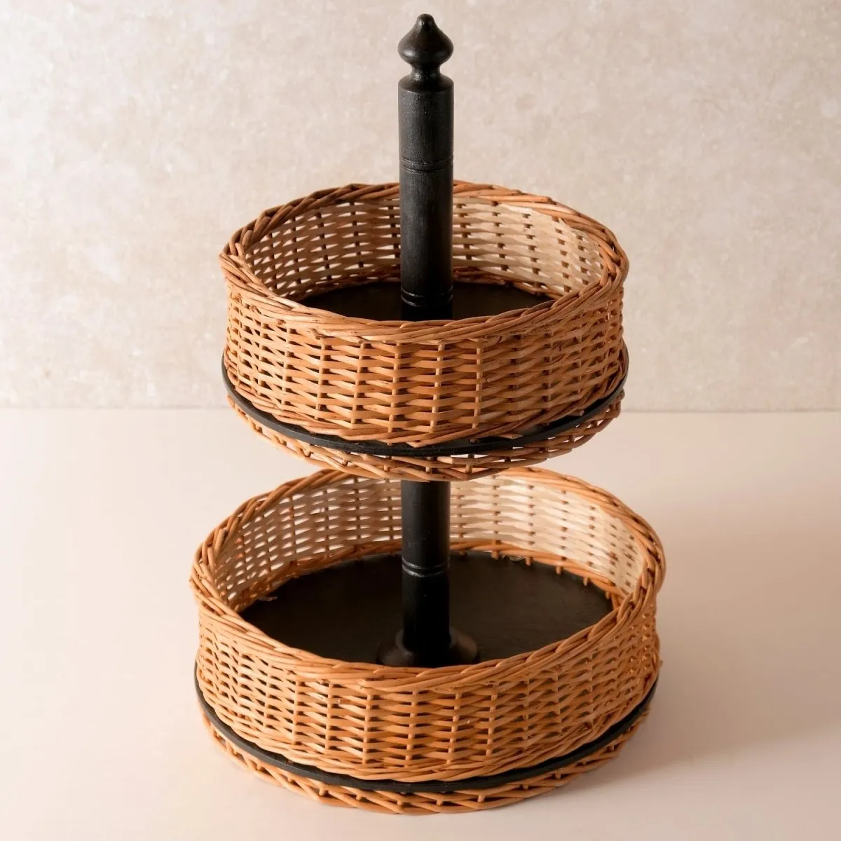 Wooden Fruit Basket With 2 Tiers Handcrafted & Cultery Holder In Willow Wicker & Wood | Handmade In India